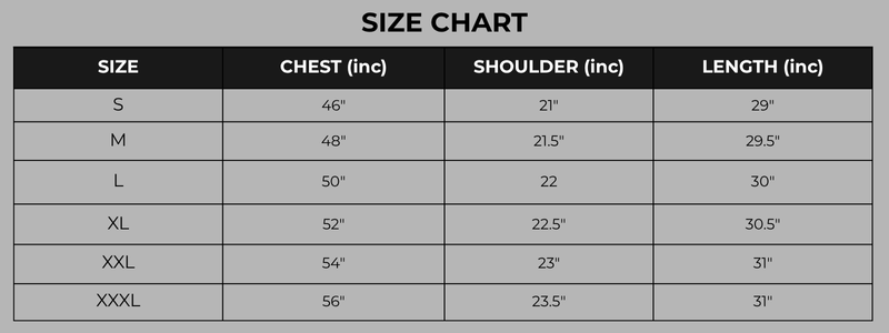 Size chart for clothing with chest, shoulder, and length measurements in inches.
